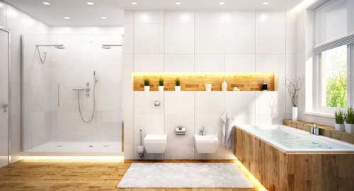 Salle de bain moderne avec baignoire, wc surélevé et douche italienne